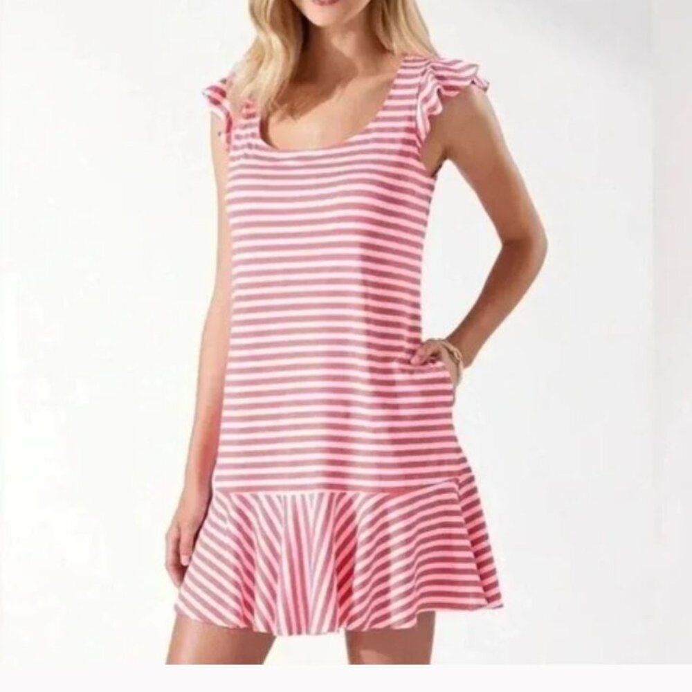 Tommy Bahama Flounce Dress Breaker Bay Stripe Coral Coastal Resort Beach sz XL